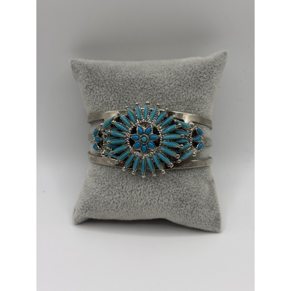 Southwestern Cuff Bracelet Sunburst‎ Silver Tone Faux Turquoise Boho Adjustable